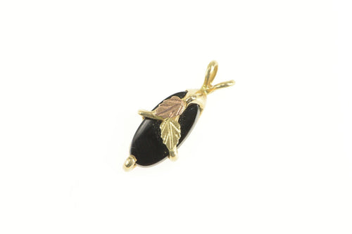 10K Marquise Black Hills Leaf Onyx Classic Pendant Yellow Gold