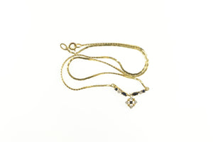 9K Sapphire Diamond Cluster Squared Box Chain Necklace 16.5" Yellow Gold