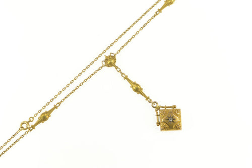 14K Victorian Rose Cut Diamond Box Drop Chain Necklace 17