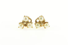 Load image into Gallery viewer, 14K Victorian Pearl Ornate Clover Screw Back Stud Earrings Yellow Gold