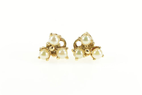 14K Victorian Pearl Ornate Clover Screw Back Stud Earrings Yellow Gold