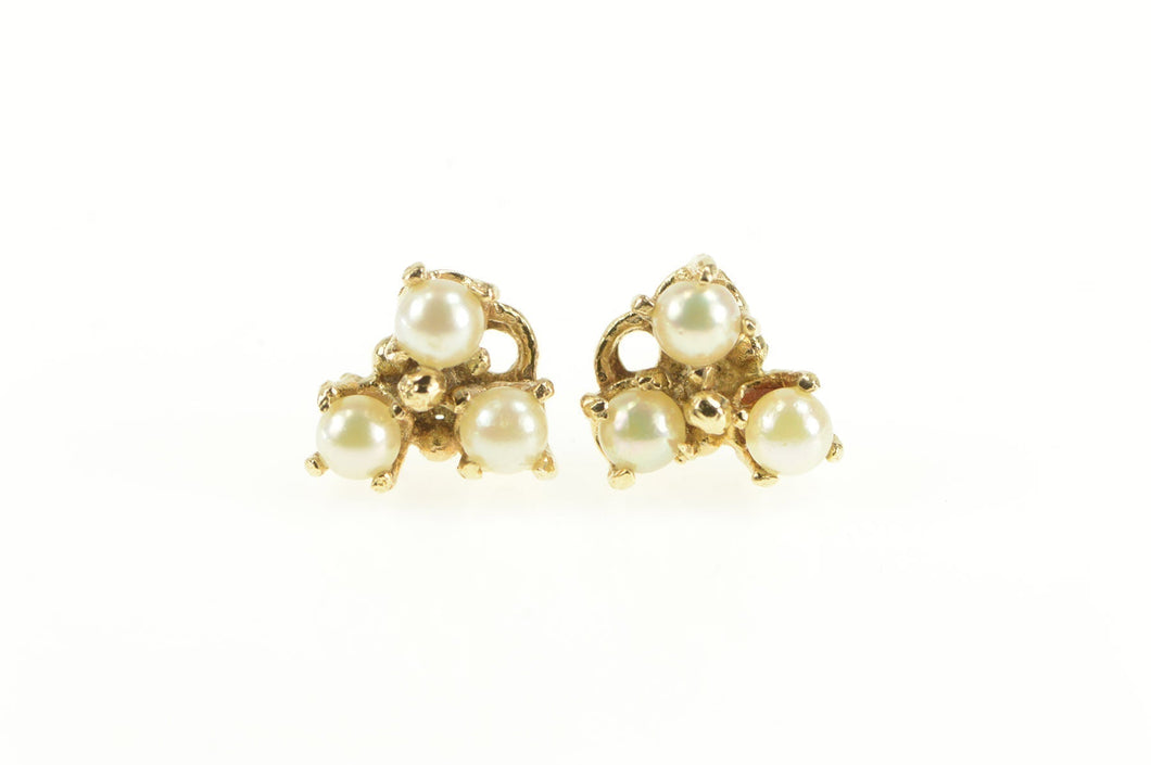 14K Victorian Pearl Ornate Clover Screw Back Stud Earrings Yellow Gold