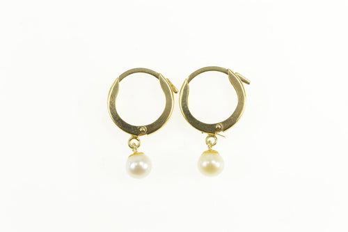 14K Pearl Dangle Squared Huggies Hoop Earrings Yellow Gold