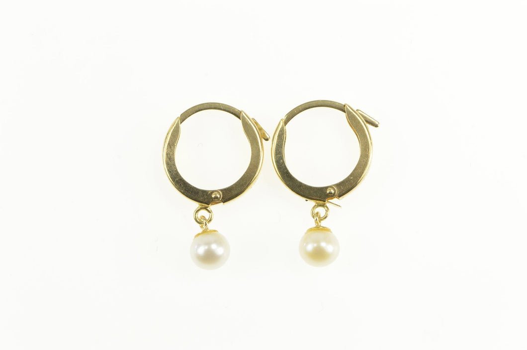 14K Pearl Dangle Squared Huggies Hoop Earrings Yellow Gold