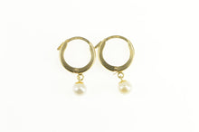 Load image into Gallery viewer, 14K Pearl Dangle Squared Huggies Hoop Earrings Yellow Gold