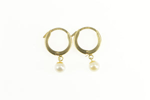 14K Pearl Dangle Squared Huggies Hoop Earrings Yellow Gold