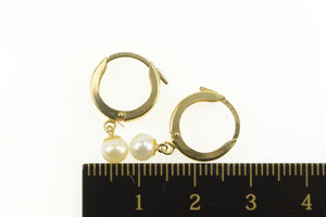 14K Pearl Dangle Squared Huggies Hoop Earrings Yellow Gold