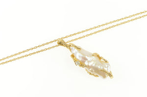 14K Baroque Pearl Diamond Vine Pendant Chain Necklace 16.25" Yellow Gold