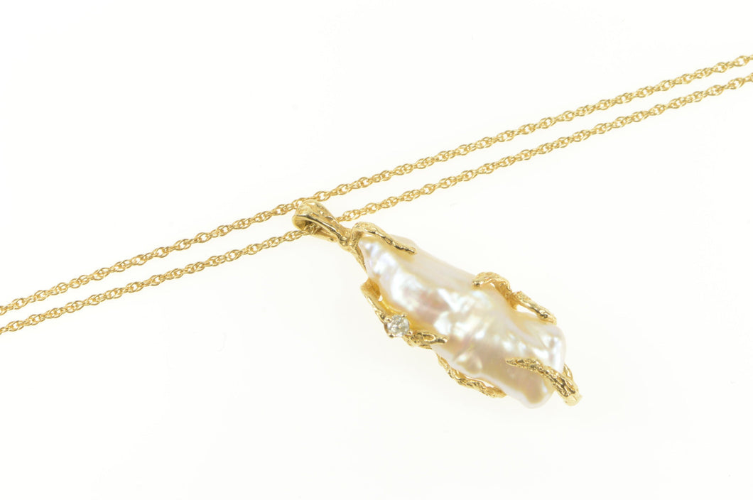 14K Baroque Pearl Diamond Vine Pendant Chain Necklace 16.25