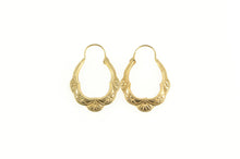 Load image into Gallery viewer, 10K Scalloped Floral Arabesque Etched Oval Hoop Earrings Yellow Gold