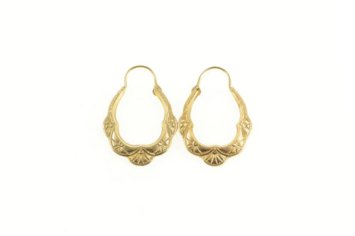 10K Scalloped Floral Arabesque Etched Oval Hoop Earrings Yellow Gold