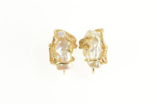 14K Baroque Pearl Diamond Vine Screw Back Earrings Yellow Gold