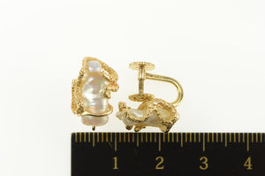 14K Baroque Pearl Diamond Vine Screw Back Earrings Yellow Gold