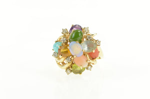 14K Retro Opal Coral Diamond Turquoise Cocktail Ring Yellow Gold