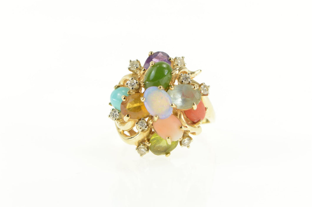 14K Retro Opal Coral Diamond Turquoise Cocktail Ring Yellow Gold