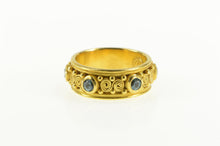 Load image into Gallery viewer, 22K Artisanal Blue Topaz Ornate Swirl Wedding Band Ring Yellow Gold