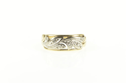 14K Art Deco Diamond Swirl Squared Band Ring Yellow Gold
