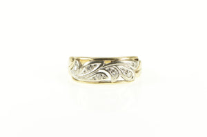 14K Art Deco Diamond Swirl Squared Band Ring Yellow Gold
