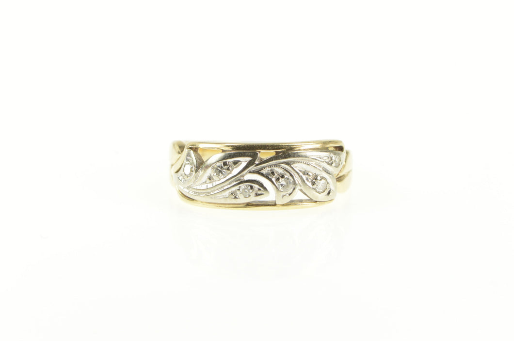 14K Art Deco Diamond Swirl Squared Band Ring Yellow Gold
