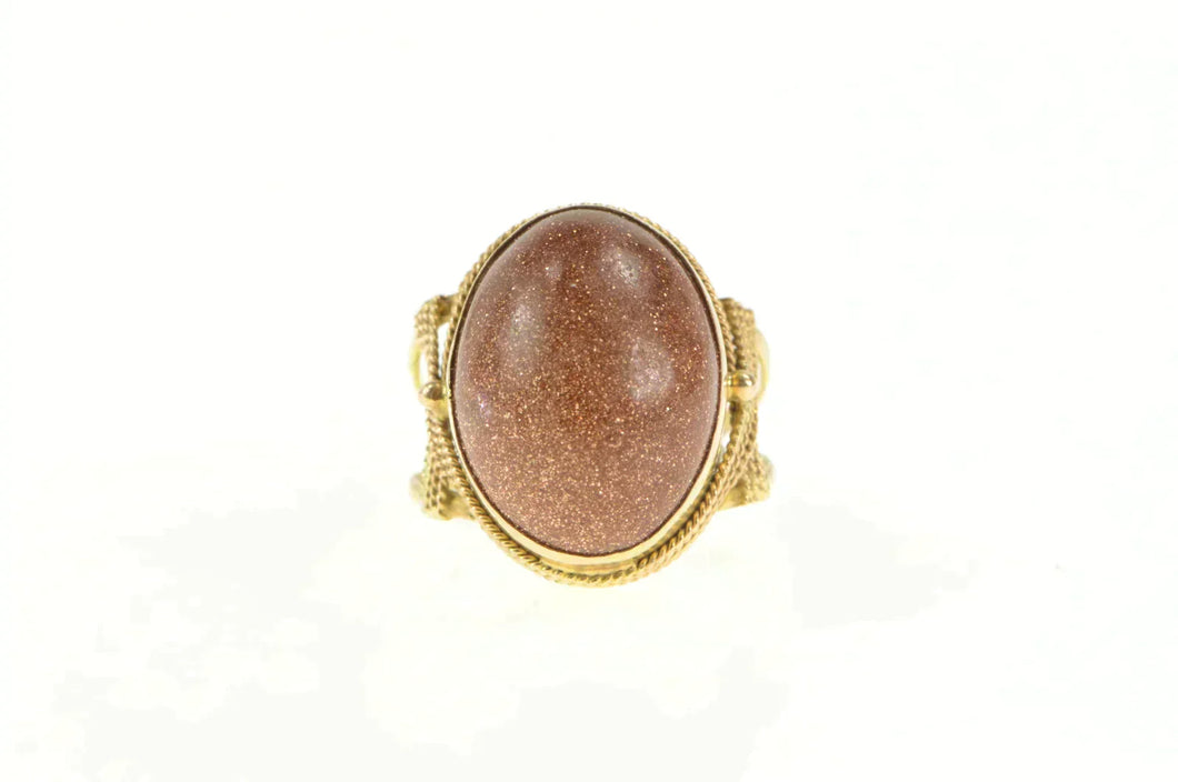 14K Oval Goldstone Retro Cocktail Statement Ring Yellow Gold