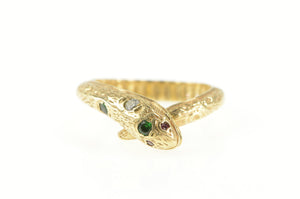 18K 3D Emerald Ruby Snake Serpent Wrap Ring Yellow Gold