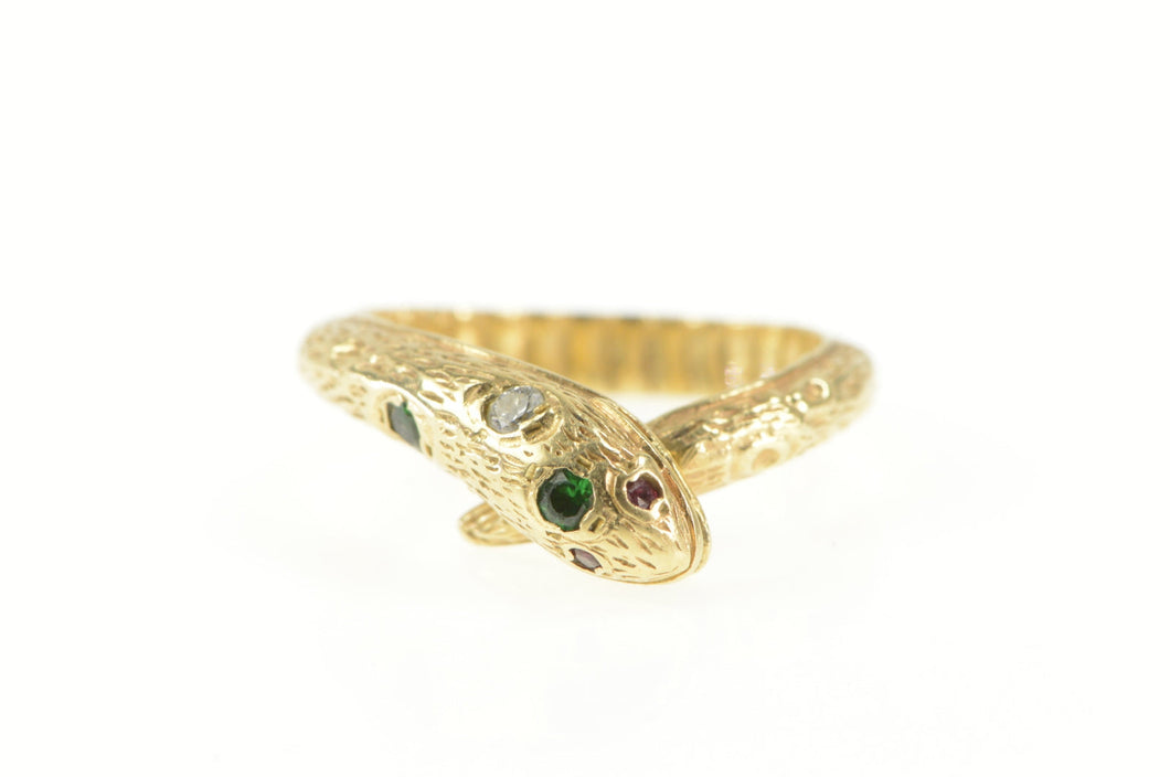 18K 3D Emerald Ruby Snake Serpent Wrap Ring Yellow Gold