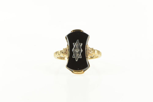 10K Art Deco Curved Black Onyx Diamond Statement Ring Yellow Gold