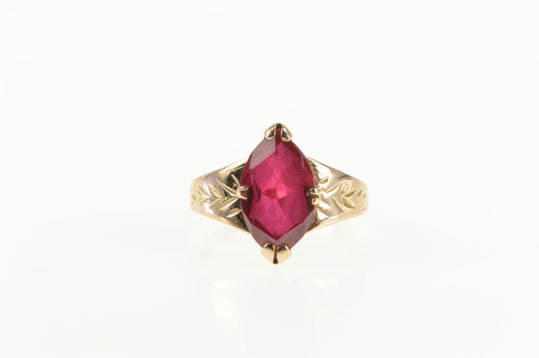 10K Art Deco Etched Vine Syn, Marquise Ruby Ring Yellow Gold