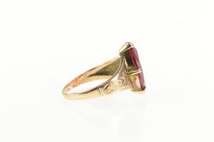 10K Art Deco Etched Vine Syn, Marquise Ruby Ring Yellow Gold