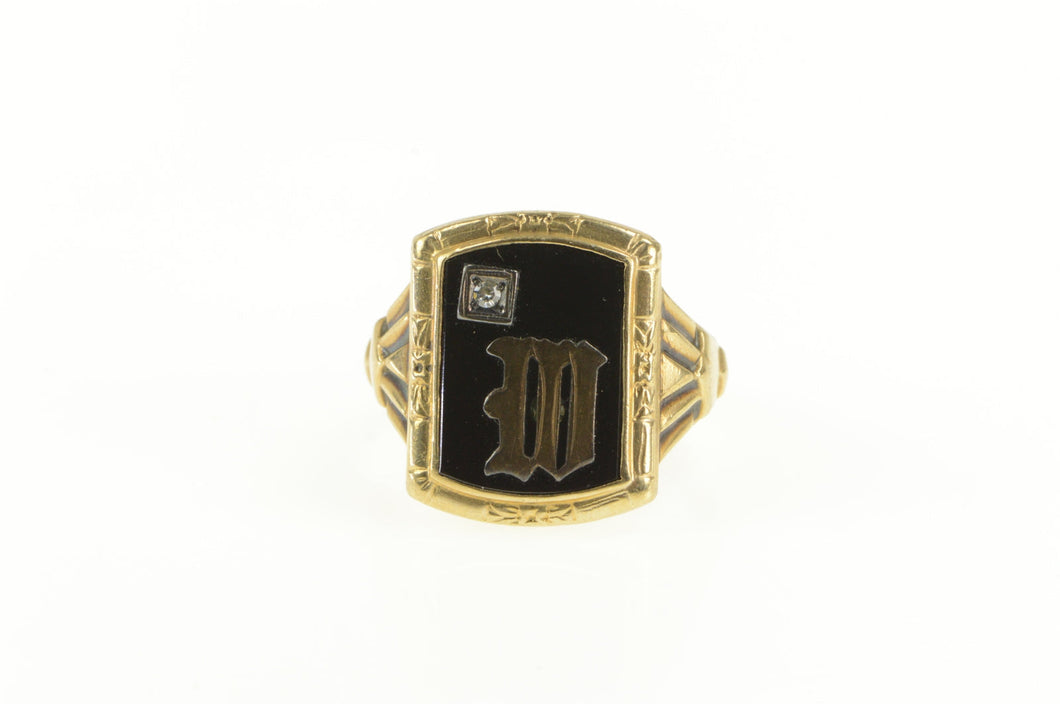 10K Victorian Black ONyx Diamond M W Monogram Ring Yellow Gold