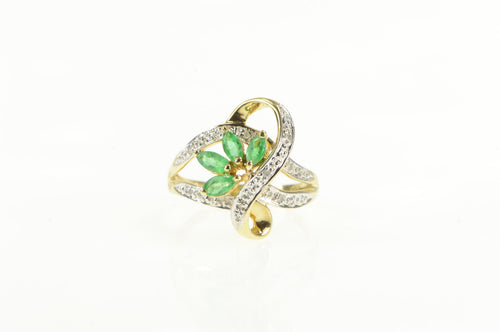 10K Marquise Emerald Diamond Accent Freeform Ring Yellow Gold