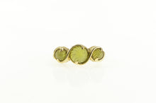 Load image into Gallery viewer, 14K Carved Ornate Swirl Peridot Three Stone Ring Yellow Gold
