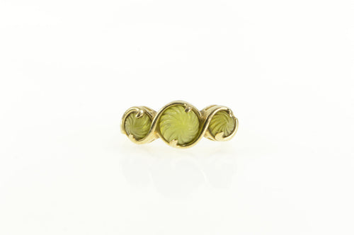 14K Carved Ornate Swirl Peridot Three Stone Ring Yellow Gold