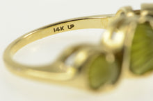 Load image into Gallery viewer, 14K Carved Ornate Swirl Peridot Three Stone Ring Yellow Gold