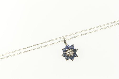 14K Flower Round Diamond Sapphire Halo Pendant Necklace 16.25