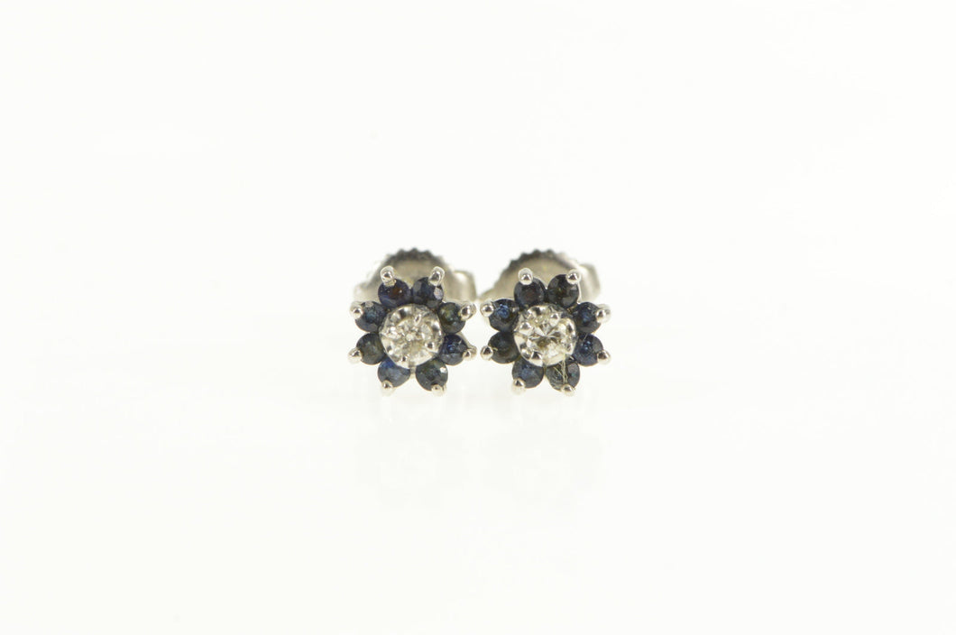 14K Diamond Sapphire Halo Flower Cluster Stud Earrings White Gold