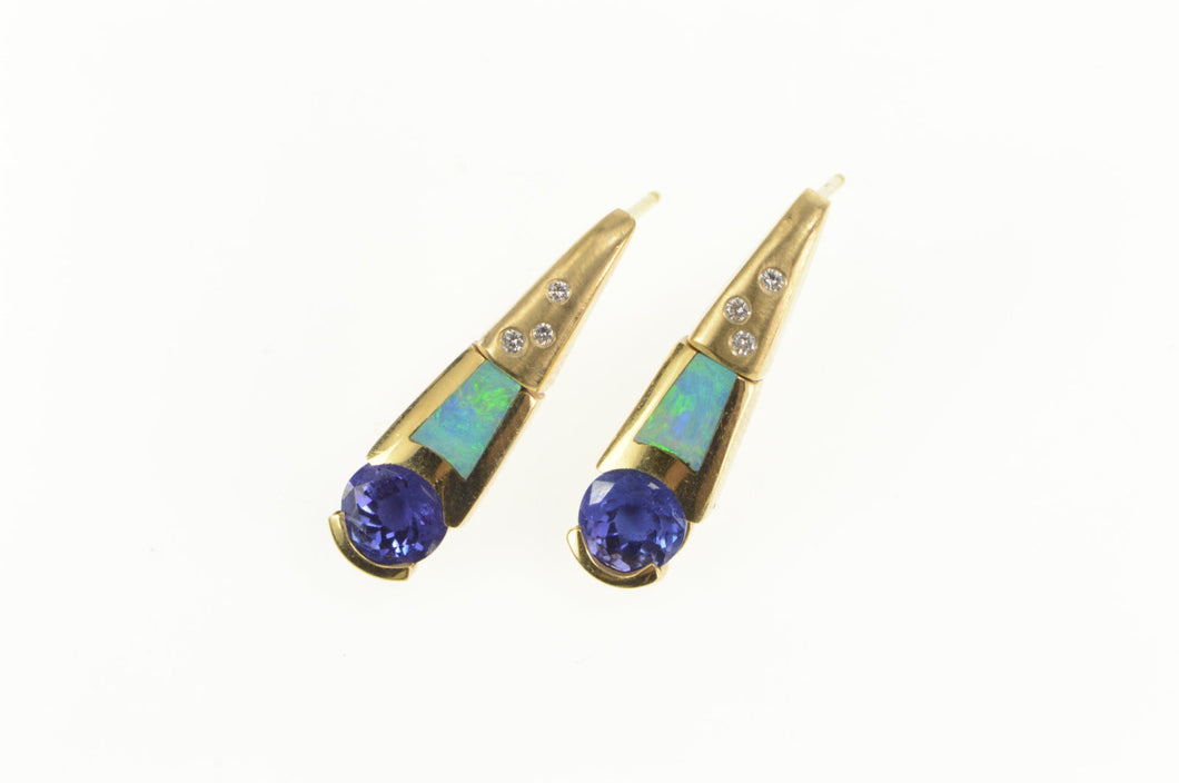 14K Tanzanite Black Opal Diamond Dangle Bar Earrings Yellow Gold