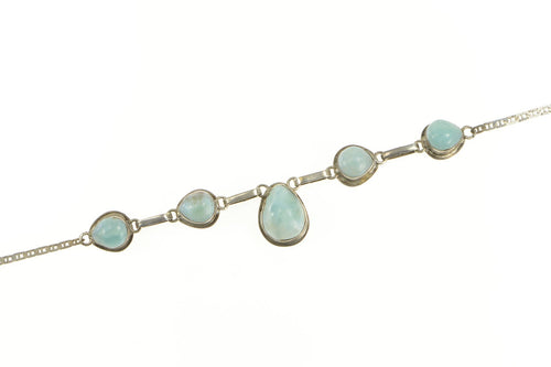 Sterling Silver Round Larimar Cabochon Anchor Chain Necklace 14.5