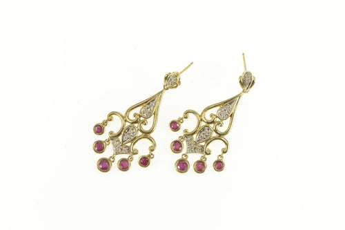 10K Ornate Diamond Scroll Ruby Fringe Dangle Earrings Yellow Gold