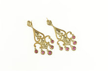 Load image into Gallery viewer, 10K Ornate Diamond Scroll Ruby Fringe Dangle Earrings Yellow Gold