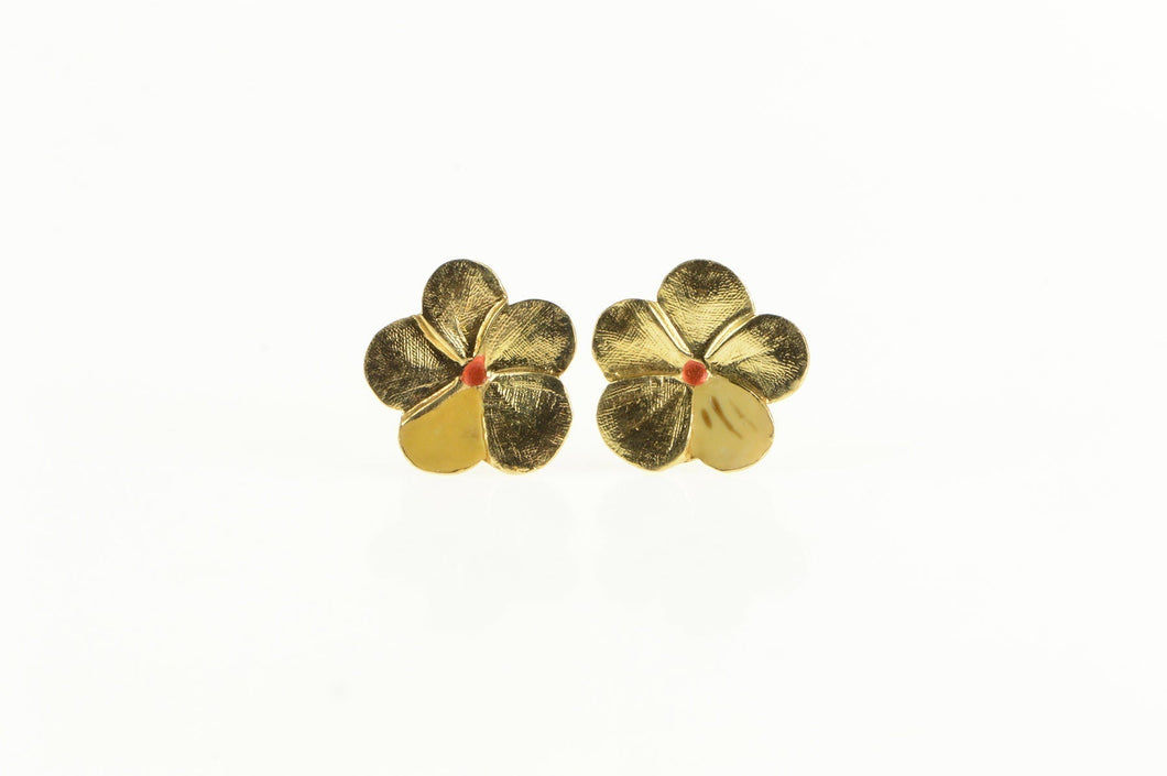 14K Hibiscus Flower Worn Enamel Stud Earrings Yellow Gold