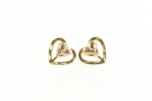14K Two Tone Heart Love Symbol Stud Earrings Yellow Gold