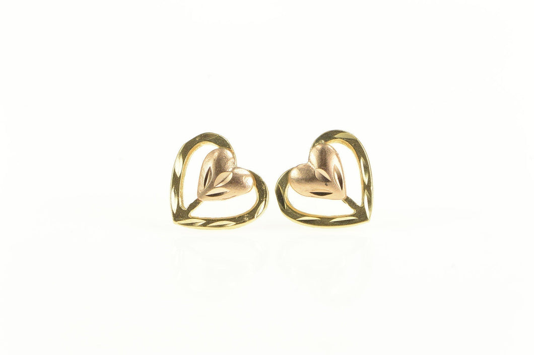 14K Two Tone Heart Love Symbol Stud Earrings Yellow Gold