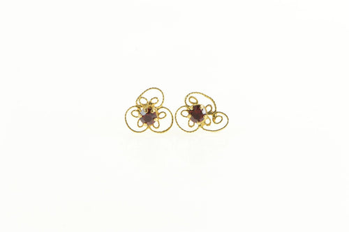 10K Garnet Retro Swirl Filigree Clover Stud Earrings Yellow Gold
