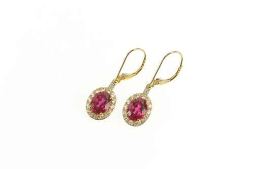 10K Oval Syn. Ruby Halo Dangle Ornate Statement Earrings Yellow Gold