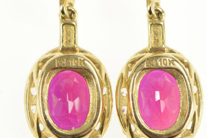 10K Oval Syn. Ruby Halo Dangle Ornate Statement Earrings Yellow Gold
