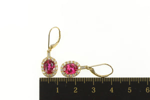10K Oval Syn. Ruby Halo Dangle Ornate Statement Earrings Yellow Gold
