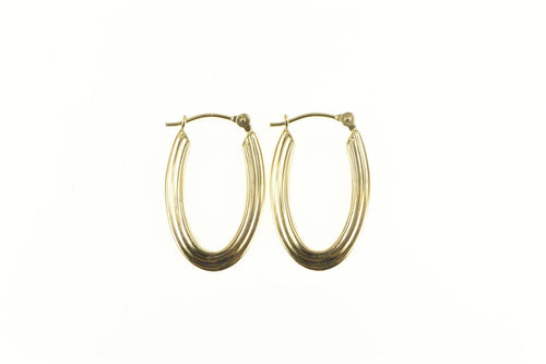 14K Oval Grooved Classic Simple Statement Hoop Earrings Yellow Gold