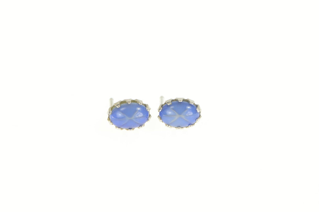 14K Retro Oval Sim. Star Sapphire Stud Earrings White Gold