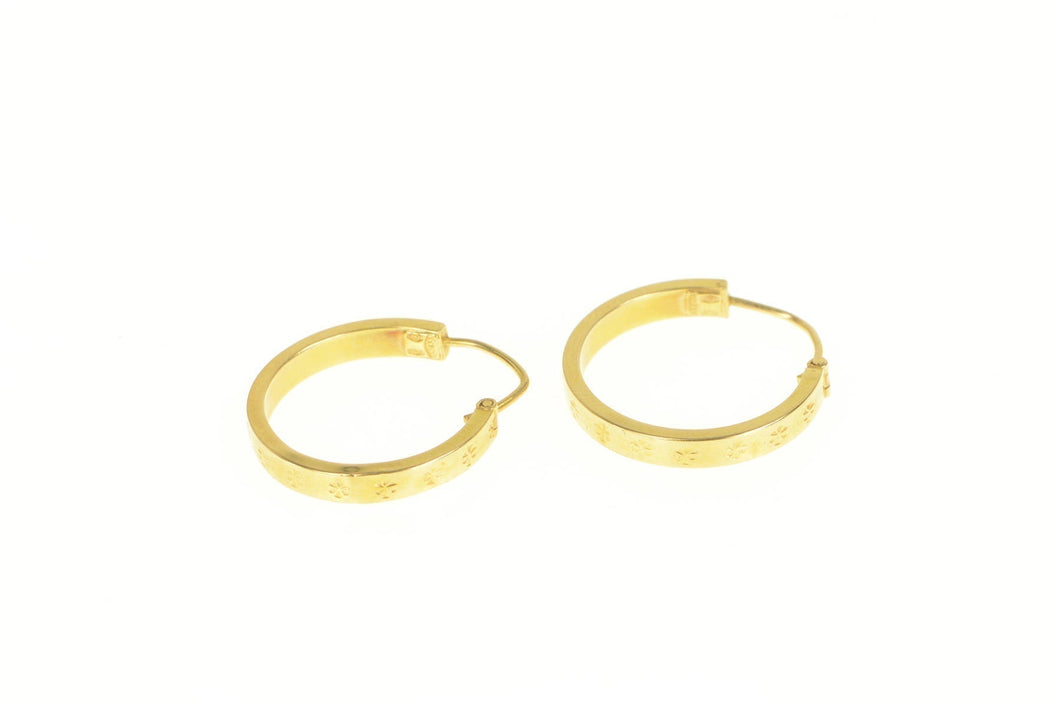 18K 20.3mm Flower Blossom Pattern Squared Hoop Earrings Yellow Gold